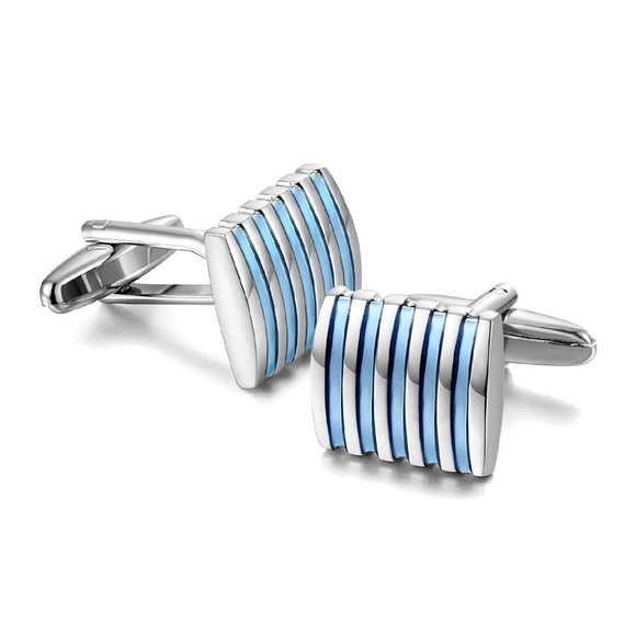 Mens Metal Striped Cuff Links Silver Blue - Picture 4 of 4